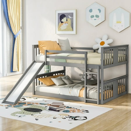 CoSoTower Full Over Full Bunk Bed With Ladder With Slide, Gray