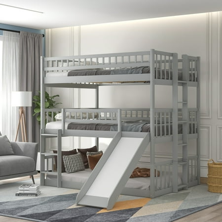 CoSoTower Full-Over-Full-Over-Full Triple Bed With Built-In Ladder And Slide, Triple Bunk Bed With Guardrails, Gray