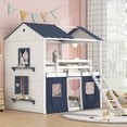 thumbnail image 1 of CoSoTower Full Size Bunk Wood House Bed with Elegant Windows, Sills and Tent, Blue+White, 1 of 9