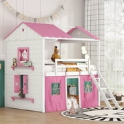 CoSoTower Full Size Bunk Wood House Bed with Elegant Windows, Sills and Tent, Pink+White