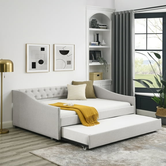 CoSoTower Full Size Daybed with Twin Size Trundle Upholstered Tufted Sofa Bed, with Button on Back and Copper Nail on Waved Shape Arms, Beige, 80.5"X55.5"X27.5"