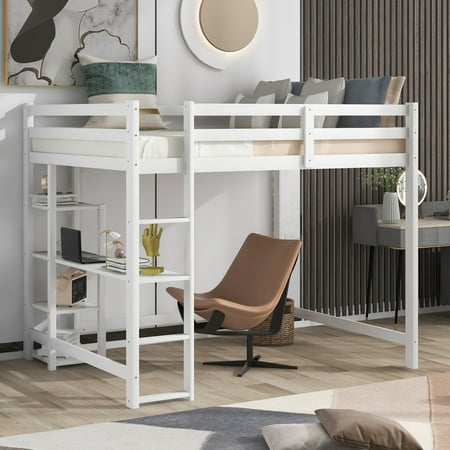 CoSoTower Full Size Loft Bed With Built-In Desk And Shelves,White