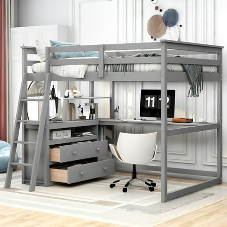 CoSoTower Full Size Loft Bed With Desk And Shelves, Two Built-In Drawers, Gray