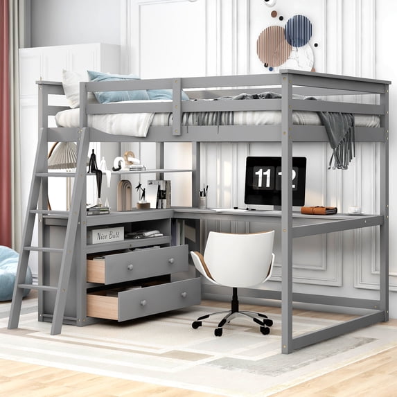 CoSoTower Full Size Loft Bed With Desk And Shelves, Two Built-In Drawers, Gray