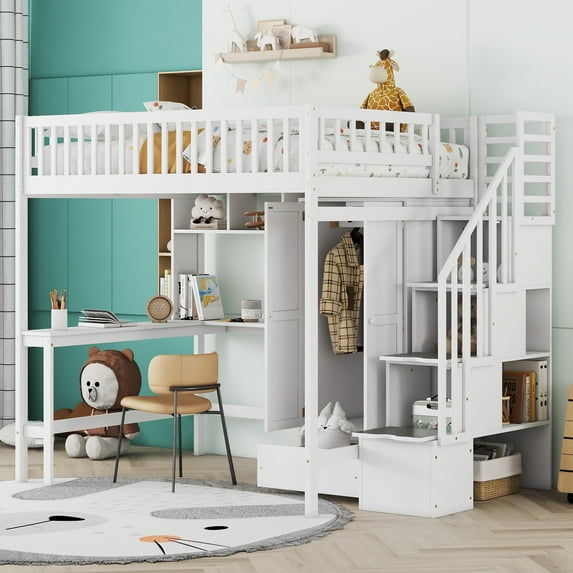 CoSoTower Full Size Loft Bed with Bookshelf,Drawers,Desk,And Wardrobe-White