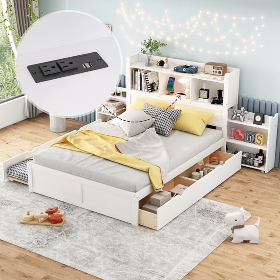 CoSoTower Full Size Storage Platform Bed with Pull Out Shelves, Twin Size Trundle and 2 Drawers, White