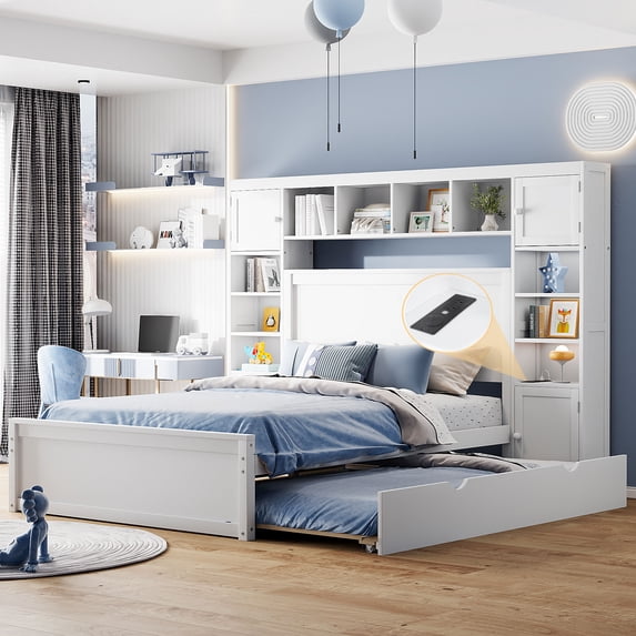 CoSoTower Full Size Wooden Bed with All-In-One Cabinet, Shelf and Sockets, White