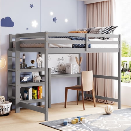 CoSoTower Full Size Wooden Loft Bed with Shelves, Desk and Writing Board - Gray