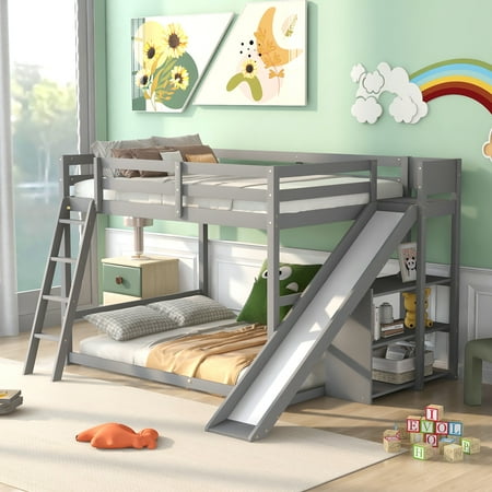 CoSoTower Full over Full Bunk Bed with Ladder, Slide and Shelves, Gray