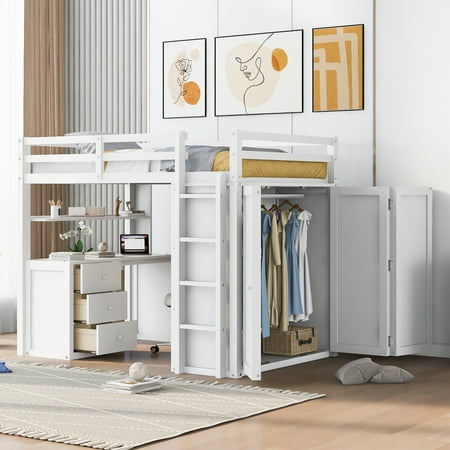 CoSoTower Full size Loft Bed with Drawers,Desk,and Wardrobe-White