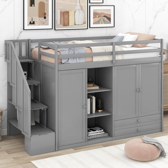 CoSoTower Functional Loft Bed with 3 Shelves, 2 Wardrobes and 2 Drawers, Ladder with Storage, No Box Spring Needed, Gray