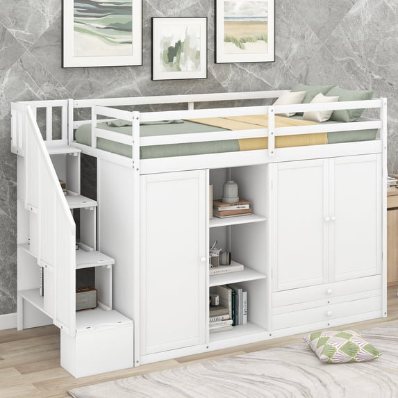 CoSoTower Functional Loft Bed with 3 Shelves, 2 Wardrobes and 2 Drawers, Ladder with Storage, No Box Spring Needed, White