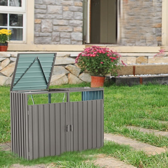 CoSoTower Garbage Bin Shed Stores 2 Trash Cans Metal Outdoor Bin Shed for Garbage Storage,Stainless Galvanized Steel, Bin Shed for Garden Yard Lawn,Grey