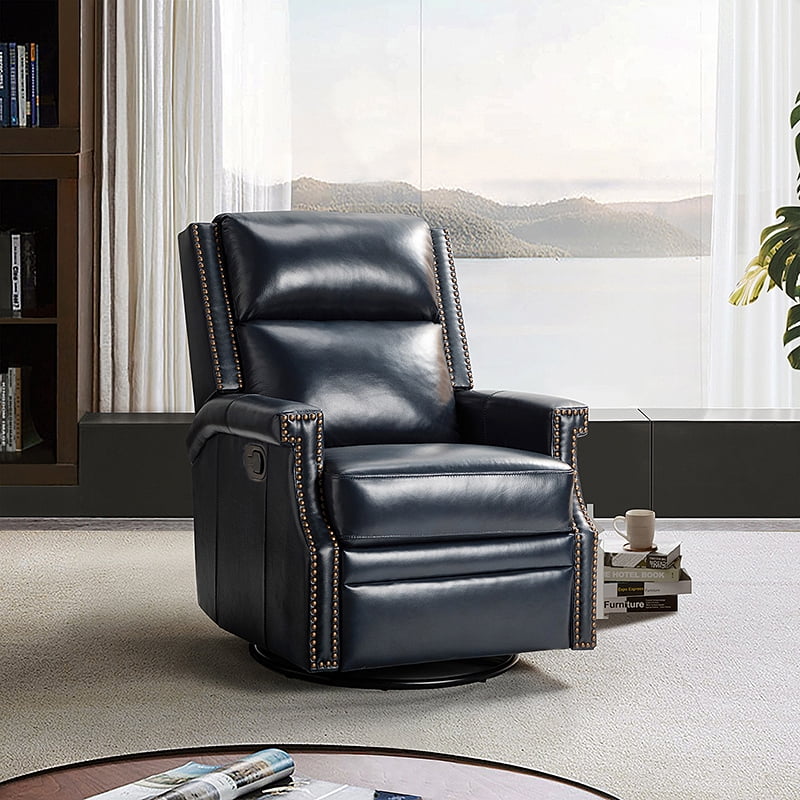 Leather Reclining Rocker CoSoTower Genuine Leather Swivel Rocker Recliner-Navy - Walmart.com