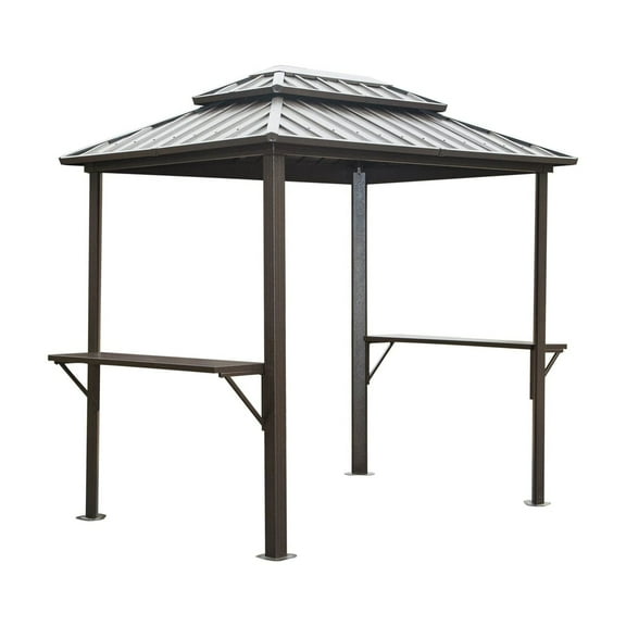 CoSoTower Grill Gazebo 8'  6', Aluminum BBQ Gazebo Outdoor Metal Frame with Shelves Serving Tables, Permanent Double Roof Hard Top Gazebos for Patio Lawn Deck Backyard and Garden (Brown)