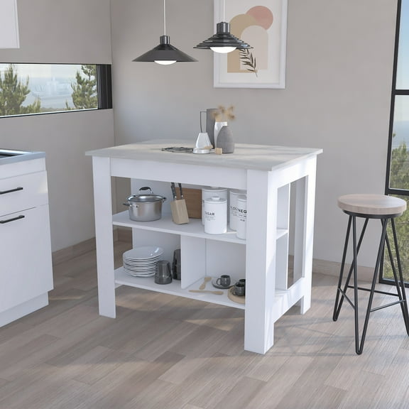 CoSoTower Kitchen Island Dozza, Three Shelves, White / Ibiza Marble Finish