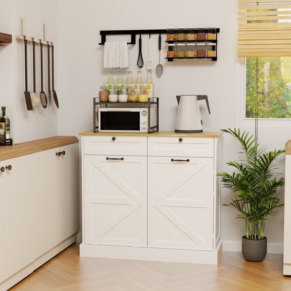 CoSoTower Kitchen Trash Can Storage Cabinet with 2 Drawers & 1 Tilt Out Trash Cabinet & 1 Door with Storage Rack & 2 Shelves for Kitchen, Dinning Room, Living Room-White