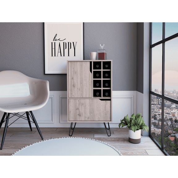 CoSoTower L Bar Single Door Cabinet, Eight Built-In Wine Rack, Four Legs, Light Gray