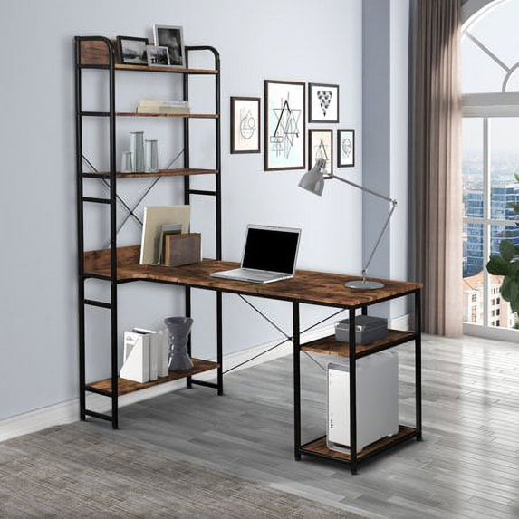 CoSoTower L Shaped Computer Desk with 5 Tier Bookshelf Shelves 54 Inch Steel frame Study Writing Table for Home Office Small Space, Tiger