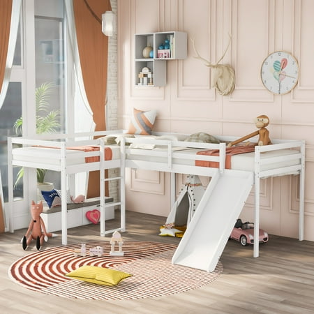 CoSoTower L-Shaped Twin Size Loft Bed With Ladder And Slide, White