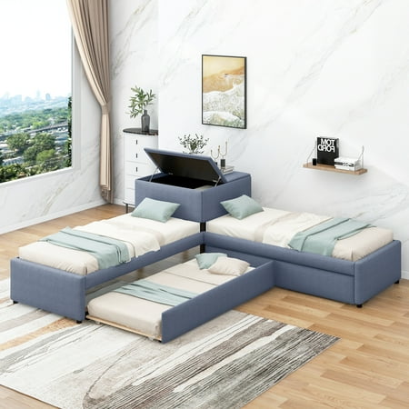 CoSoTower L-Shaped Upholstered Platform Bed With Trundle And Two Drawers Linked With Built-In Desk, Twin, Gray