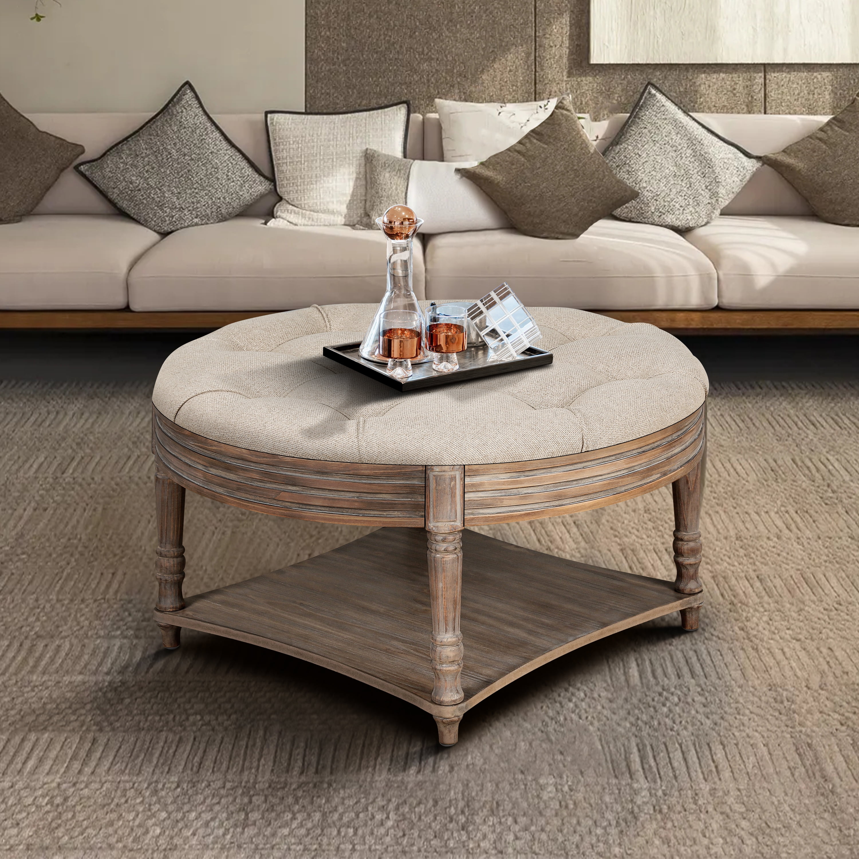 CoSoTower Large Round Ottoman Coffee Table 2 Tier Oversized Button ...