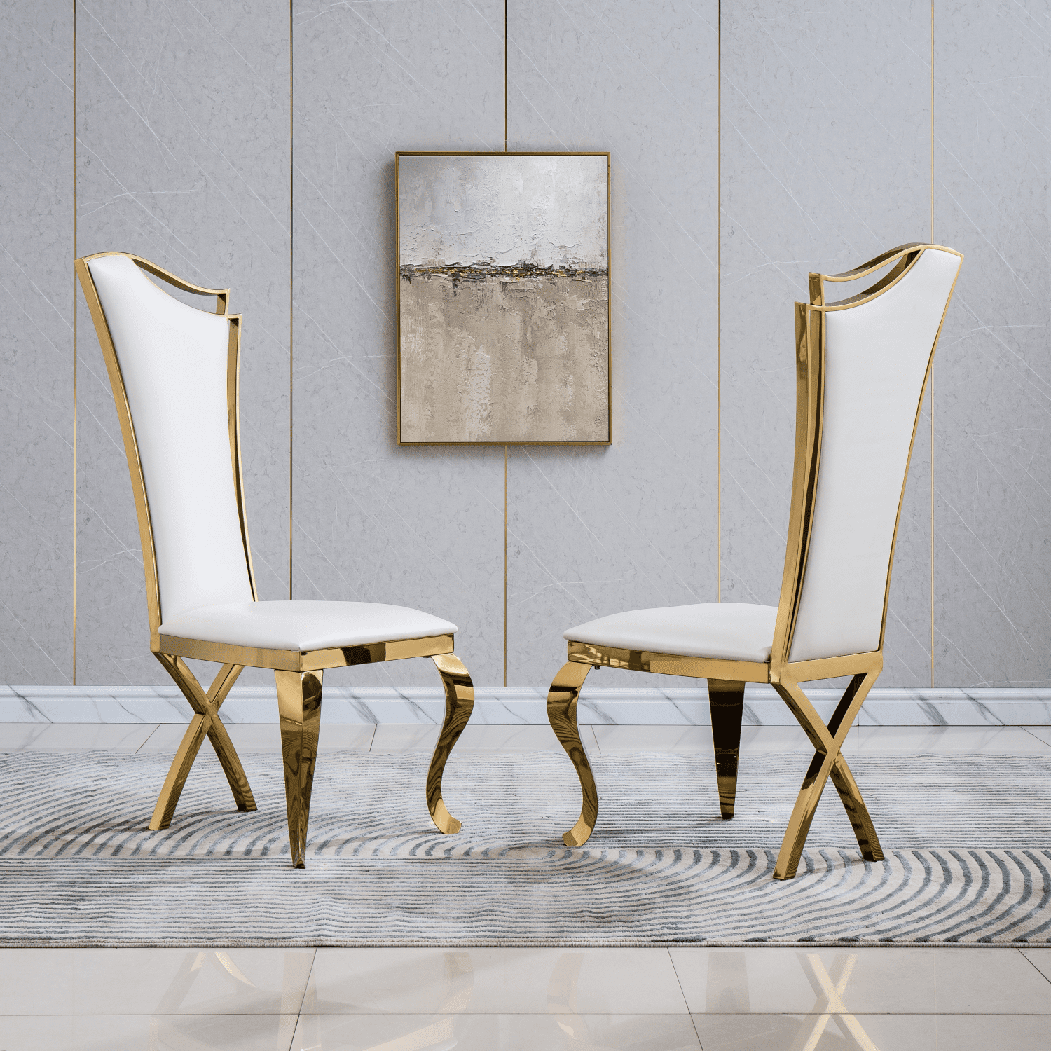 White Faux Leather High Back Dining Chairs with Gold Metal Legs, Set of 2