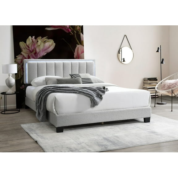 CoSoTower Light Gray Wool Fabric 1pc Queen Size Bed Channel Tufting W LED Full Upholstered Bedframe Bedroom Bed