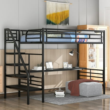 CoSoTower Metal Loft Bed Frame with Desk, No Box Spring Needed,Twin ,Black