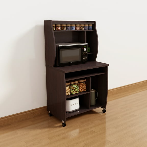 CoSoTower Microwave Cart Computer Cart Utility Cart with Hutch Shelves Spice Rack Mobile on Locking Castors Red Cocoa Espresso
