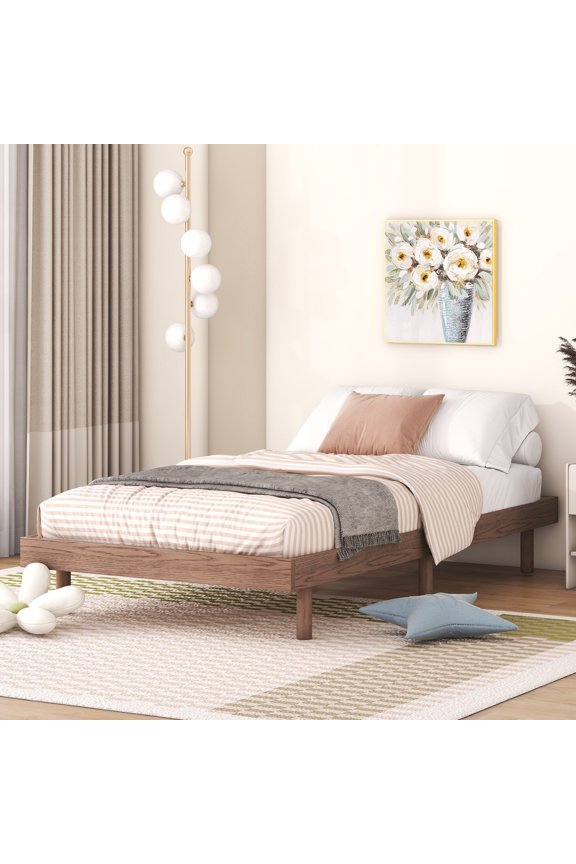 Modern Design Twin Size Floating Platform Bed Frame for Walnut Color