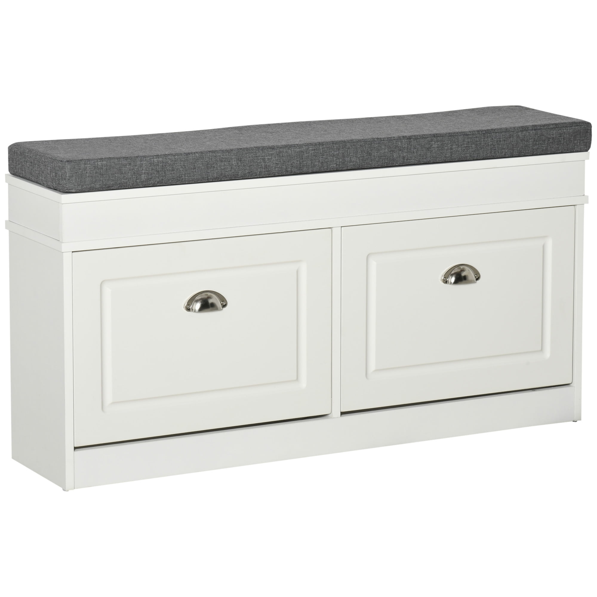 White Modern Shoe Rack Bench with Gray Cushion and Storage Drawers