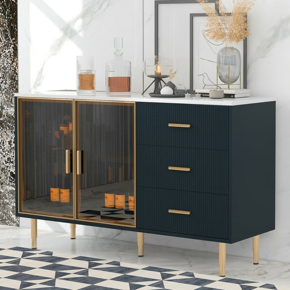 CoSoTower Modern Sideboard MDF Buffet Cabinet Marble Sticker Tabletop and Amber-Yellow Tempered Glass Doors with Gold Metal Legs & Handles, Navy Blue
