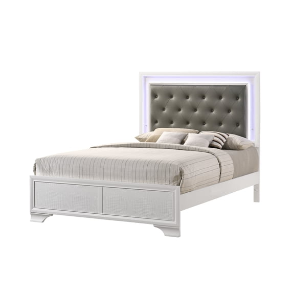 CoSoTower Modern White Crocodile Skin Finish Upholstered 1Pc Queen Size Led Panel Bed Faux Diamond Tufted Bedroom Furniture