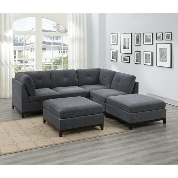 CoSoTower Modular Sectional 6Pc Set Living Room Furniture Corner L-Sectional Couch 2X Corner Wedge 2X Armless Chairs and 2X Ottomans Tufted Back Exposed Wooden Base