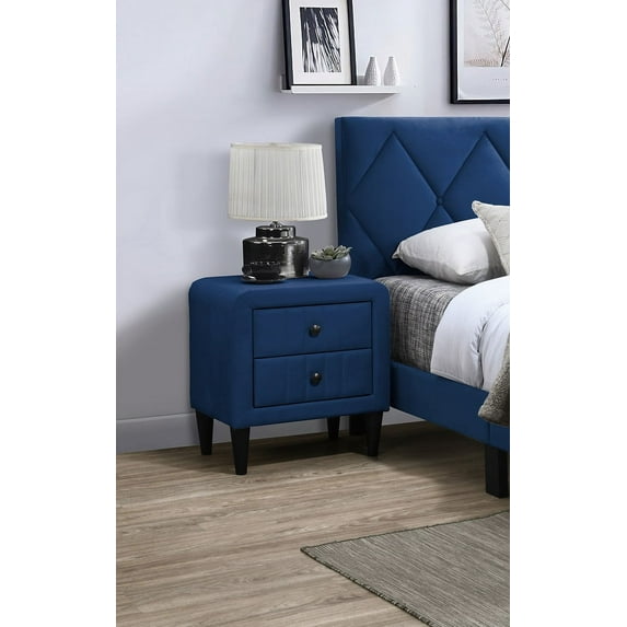 CoSoTower Navy Blue Color Velvet Gorgeous 1pc Nightstand Bedside Table 2X Drawers Bedroom Furniture Sleek Design Tempered Legs
