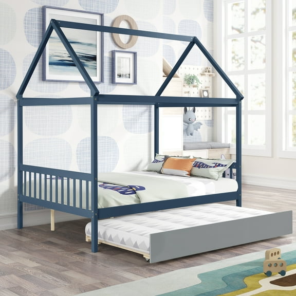 CoSoTower Navy Blue House Full Bed With Gray Trundle