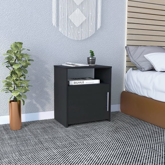 CoSoTower Nightstand, Single Door Cabinet, Metal Handle, One Shelf, Superior Top, Black