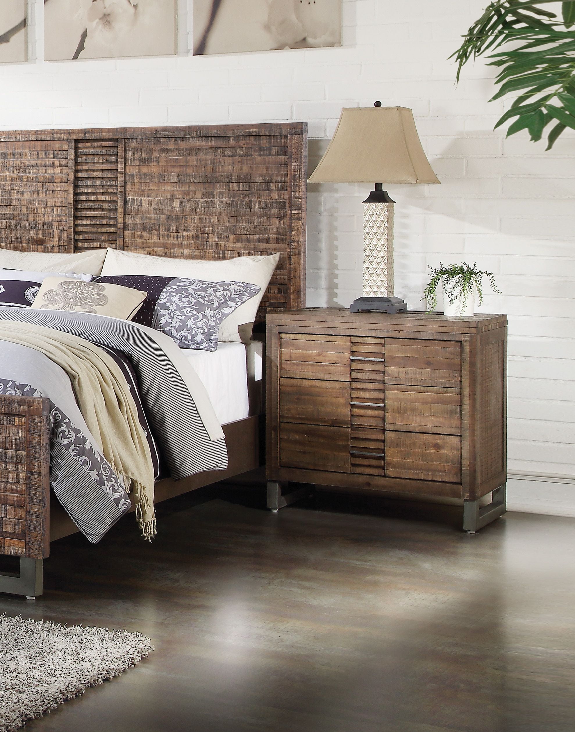 Andria Rustic Brown Wood Nightstand with 3 Drawers and Metal Legs
