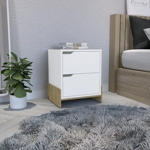 CoSoTower White / Macadamia Modern Easy-To- Install Bedside Nightstand with 2-Drawers, with Openwork Gola Handles, with Floor Fixing with Two Sturdy Particle Board Legs