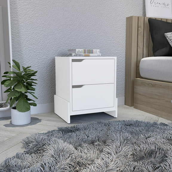 CoSoTower White Modern Easy-To- Install Bedside Nightstand with 2-Drawers, with Openwork Gola Handles, with Floor Fixing with Two Sturdy Particle Board Legs