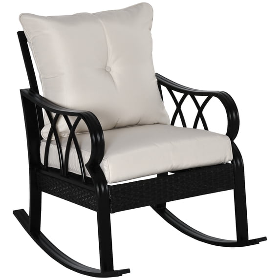 CoSoTower Outdoor Wicker Rocking Chair with Padded Cushions, Aluminum Furniture Rattan Porch Rocker Chair W/ Armrest for Garden, Patio, and Backyard, Khaki