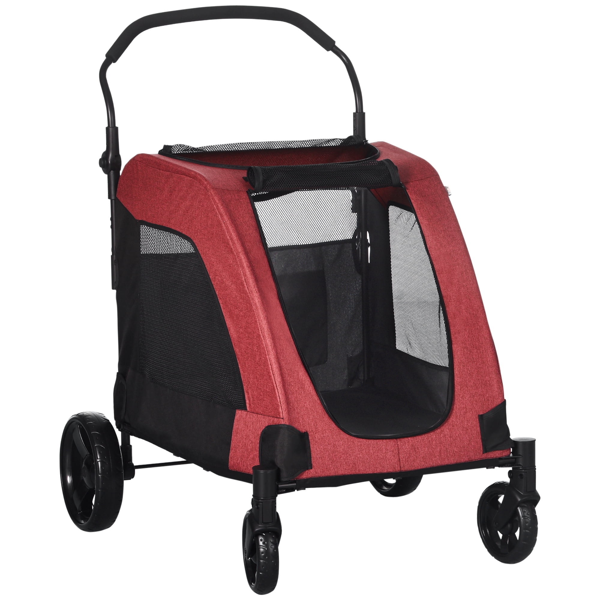Red Foldable Pet Stroller with Storage Basket and Universal Wheels
