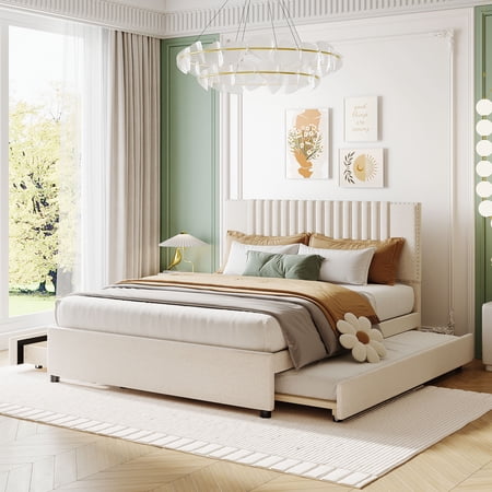 CoSoTower Queen Size Upholstered Platform Bed with 2 Drawers and 1 Twin XL Trundle, Classic Headboard Design, Beige