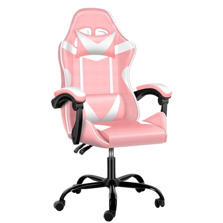 CoSoTower Racing Video Backrest and Seat Height Recliner Gaming Office High Back Computer Ergonomic Adjustable Swivel Chair, Without Footrest, Pink/White