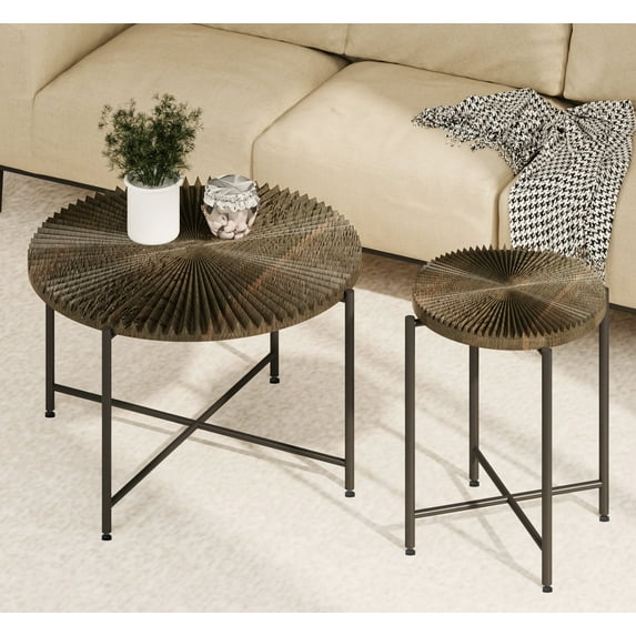 CoSoTower Radial Pattern 2-Piece Coffee and End Table Set – Waterproof MDF with Pvc Cover, Distressed Cylindrical Design, Black Metal Legs – Classic Rustic Charm, Dark Walnut