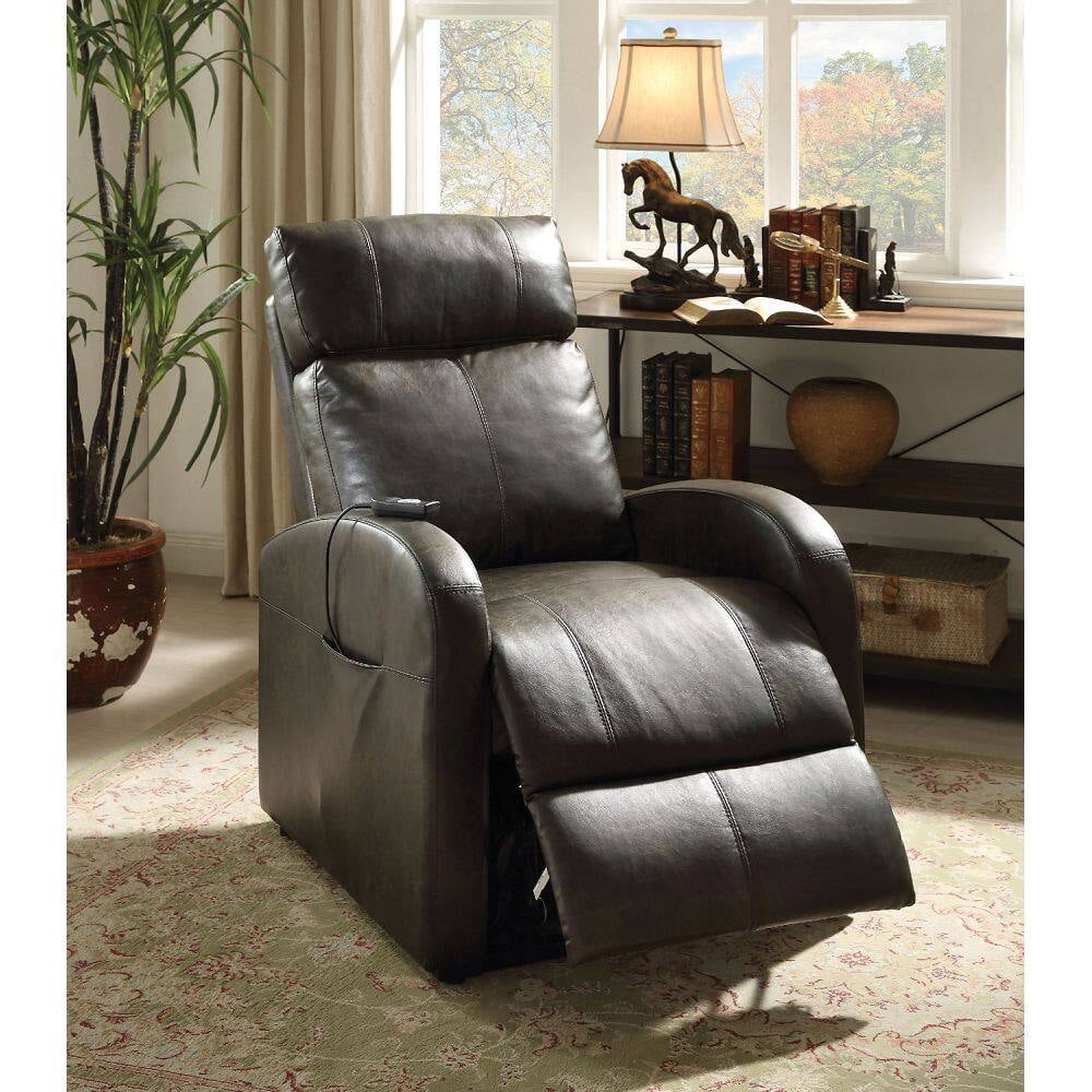 Dark Gray Faux Leather Power Lift Recliner with Wood Accents