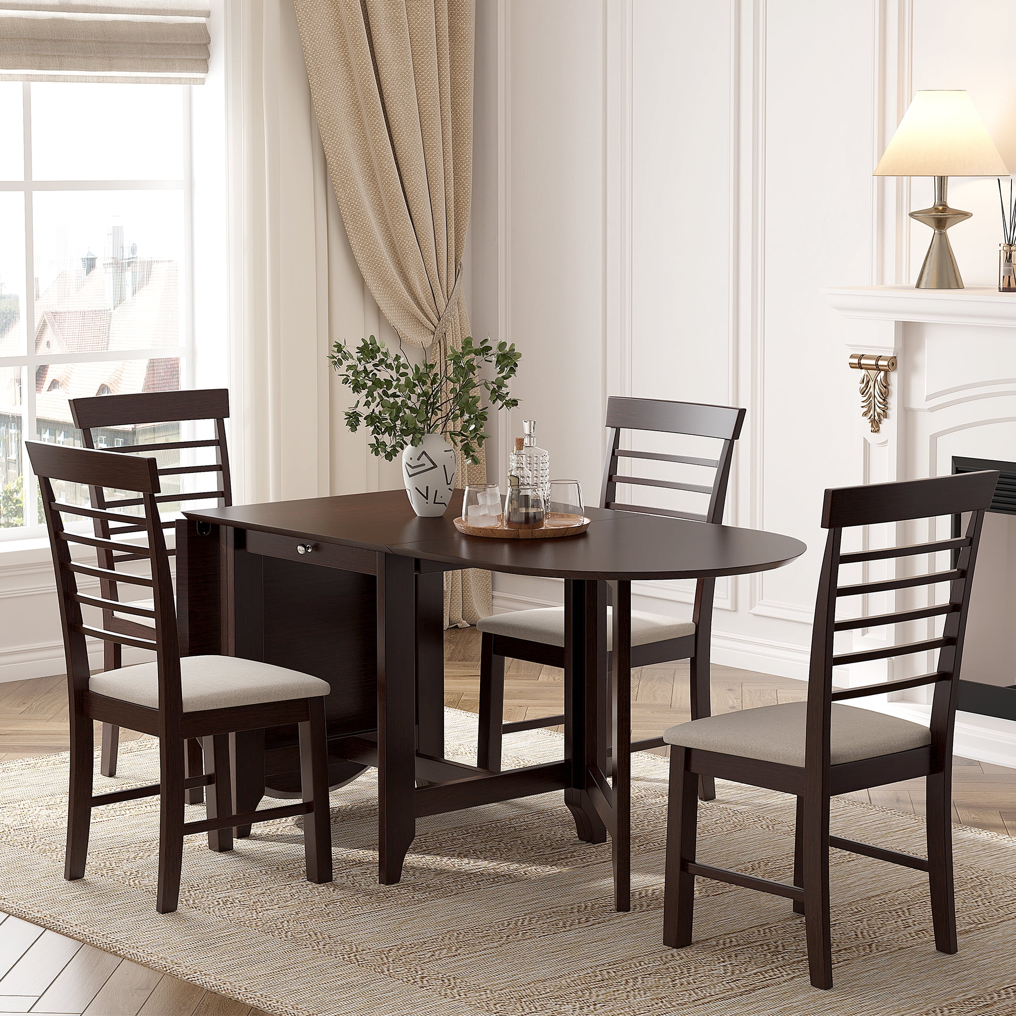 CoSoTower Retro Drop-Leaf Table with Spacious Tabletop Small Drawer Rubber Wood 4 PCS ...
