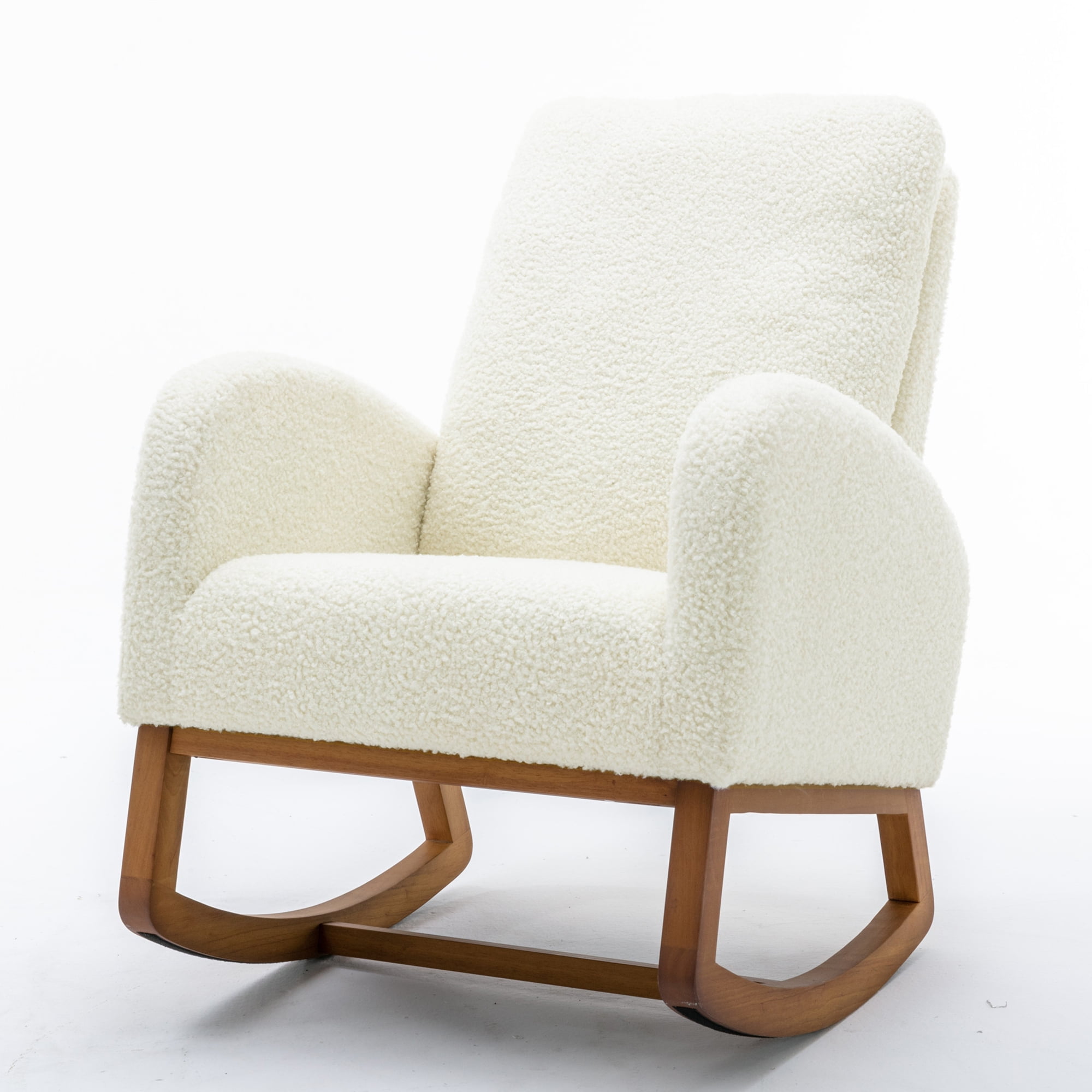 White Teddy Upholstered Wood Rocking Chair with Side Pocket