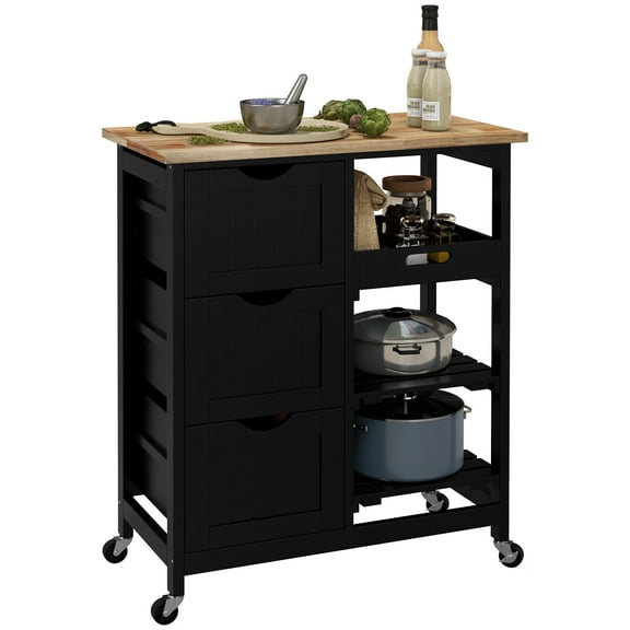CoSoTower Rolling Kitchen Island Cart, Bar Serving Cart, Compact Trolley on Wheels with Wood Top, Shelves & Drawers for Home Dining Area, Black
